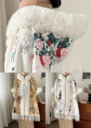 Art Yellow Fur Collar Print Side Open Warm Fleece Coats Winter