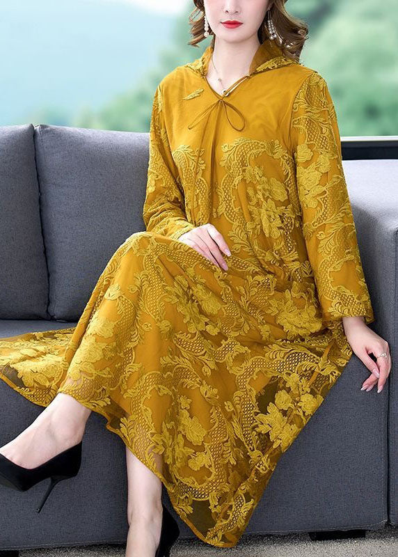 Art Yellow Hooded Embroideried Patchwork Silk Dress Spring