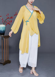 Art Yellow Lace Up Low High Design Chiffon Tops Summer