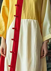 Art Yellow Mandarin Collar Patchwork Linen Oriental Dress Summer