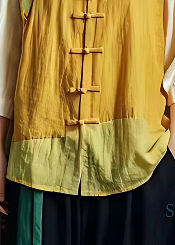 Art Yellow Mandarin Collar Patchwork Linen Oriental Shirts Summer