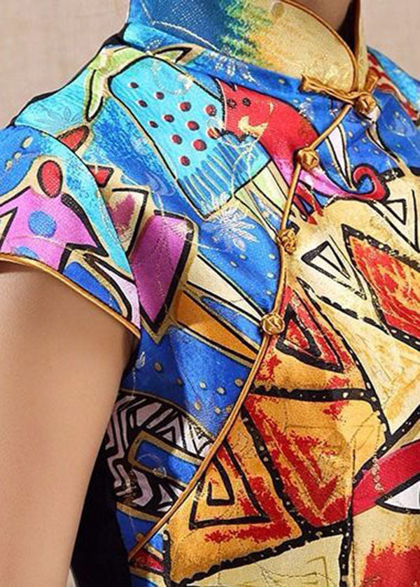 Art Yellow Mandarin Collar Slim Fit Sun People Print Tops Short Sleeve