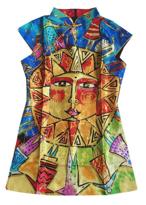 Art Yellow Mandarin Collar Slim Fit Sun People Print Tops Short Sleeve