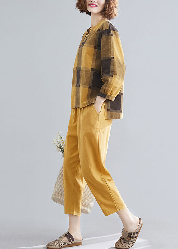 Art Yellow O-Neck Plaid Cotton Two Pieces Set Spring