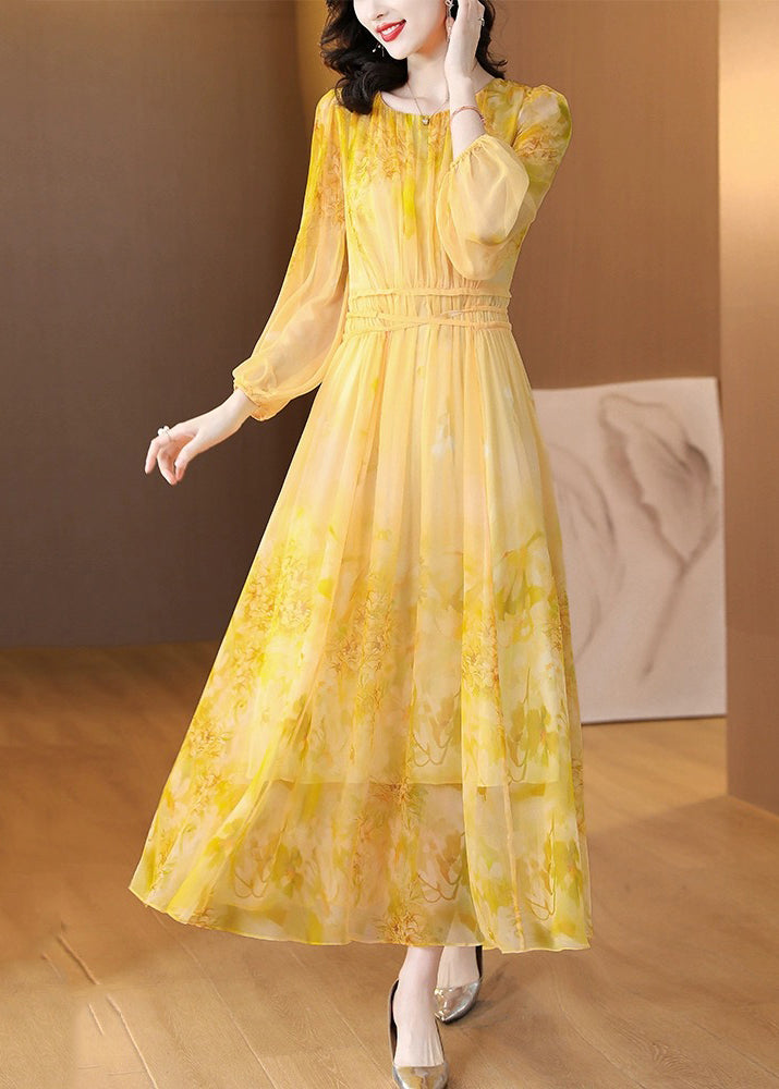 Art Yellow O Neck Print Lace Up Silk Long Dress Summer