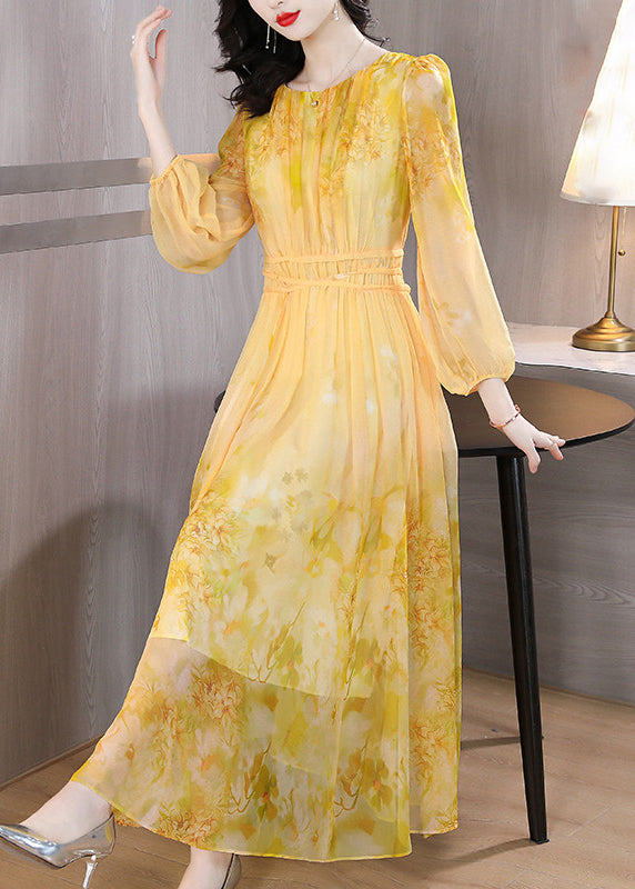 Art Yellow O Neck Print Lace Up Silk Long Dress Summer