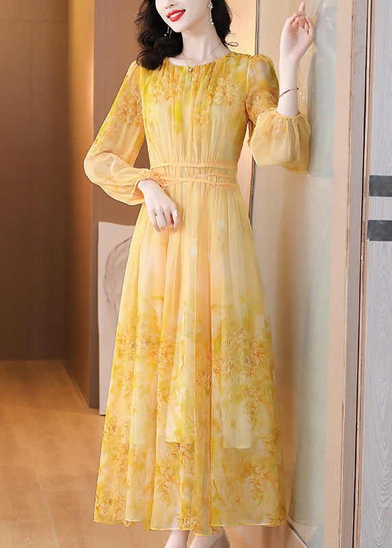 Art Yellow O Neck Print Lace Up Silk Long Dress Summer