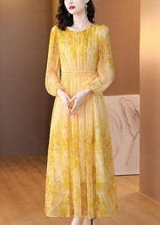 Art Yellow O Neck Print Lace Up Silk Long Dress Summer