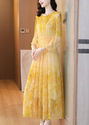 Art Yellow O Neck Print Lace Up Silk Long Dress Summer