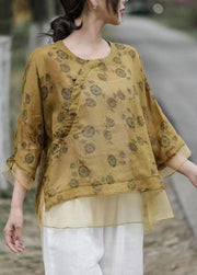 Art Yellow O Neck Print Organza Patchwork Linen Top Summer