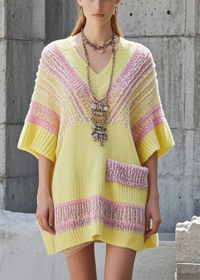 Art Yellow Oversized Patchwork Knit Long Sweater Short Sleeve