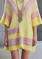 Art Yellow Oversized Patchwork Knit Long Sweater Short Sleeve