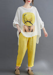 Art Yellow Oversized Print Cotton Two Piece Suit Set Batwing Sleeve