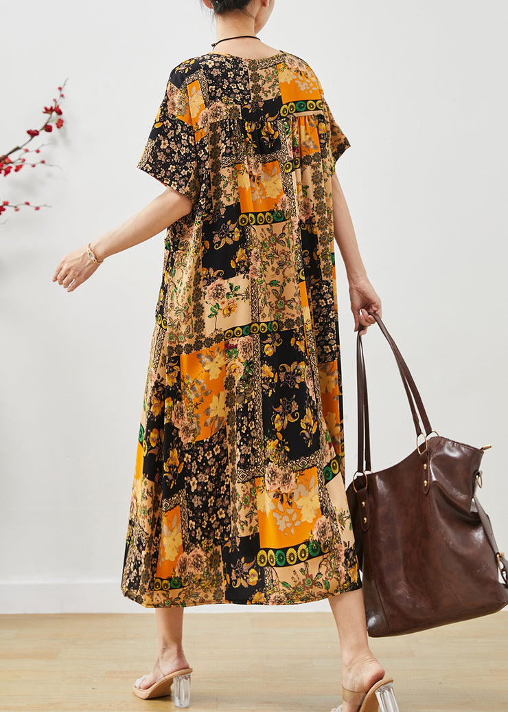 Art Yellow Oversized Print Silk Holiday Dress Summer