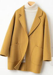 Art Yellow Peter Pan Collar Pockets Woolen Coat Winter