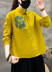 Art Yellow Peter Pan Collar Print Linen Blouses Fall