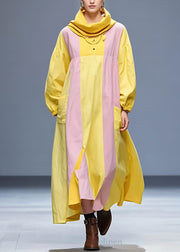 Art Yellow Pockets Patchwork Cotton Long Dresses Long Sleeve