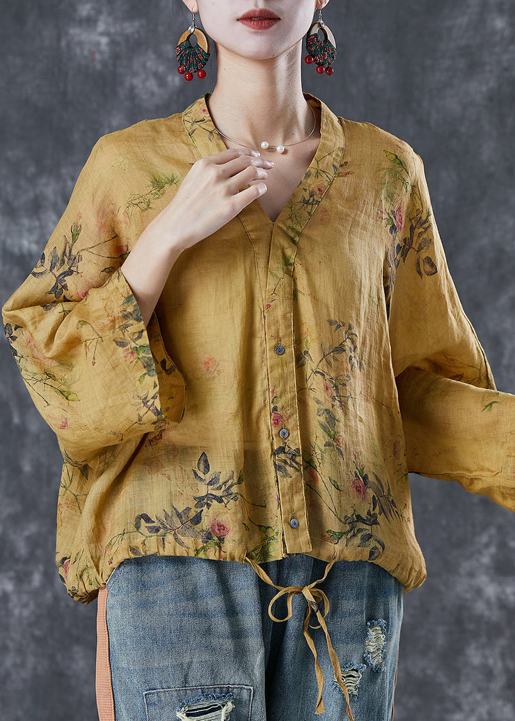 Art Yellow Print Drawstring Linen Shirt Top Spring