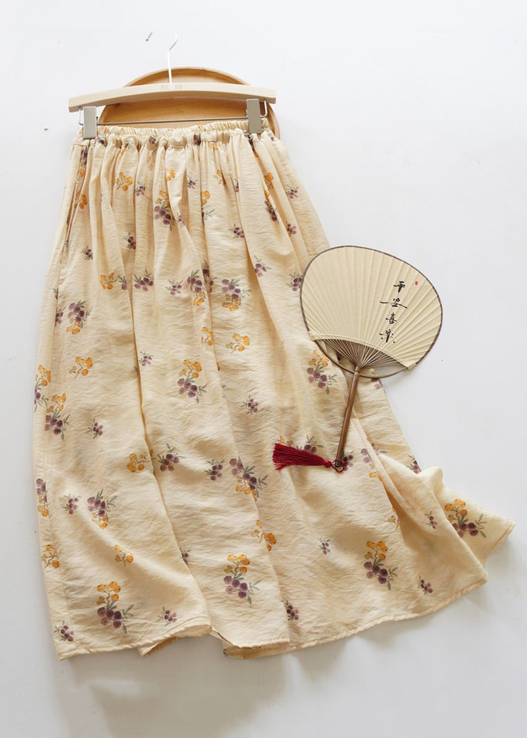 Art Yellow Print Elastic Waist Cotton Skirt Summer