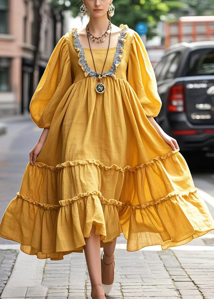 Art Yellow Ruffled Exra Large Hem Maxi Dresses Bracelet Sleeve