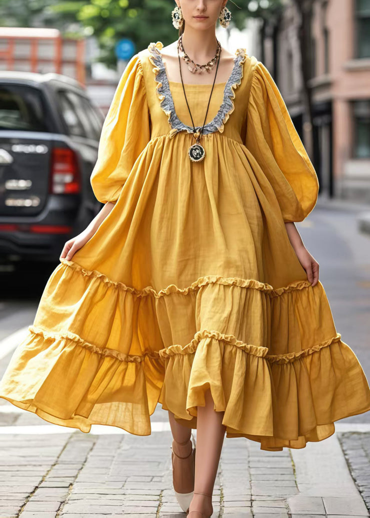 Art Yellow Ruffled Exra Large Hem Maxi Dresses Bracelet Sleeve