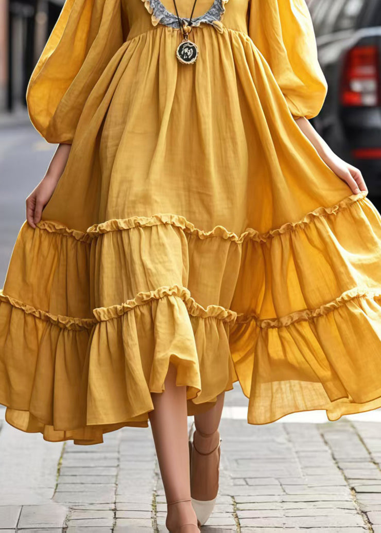 Art Yellow Ruffled Exra Large Hem Maxi Dresses Bracelet Sleeve