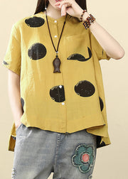 Art Yellow Stand Collar Dot Button Low High Design Shirts Short Sleeve