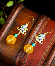 Art Yellow Sterling Silver Inlaid Amber Turquoise Floral Drop Earrings