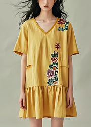 Art Yellow V Neck Print Cotton Tea Dresses Summer