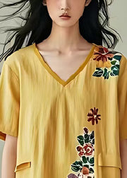 Art Yellow V Neck Print Cotton Tea Dresses Summer