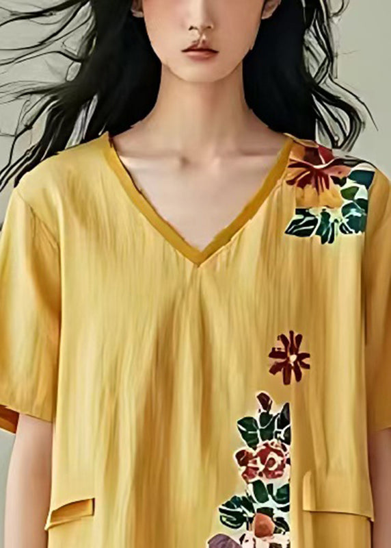 Art Yellow V Neck Print Cotton Tea Dresses Summer