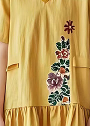 Art Yellow V Neck Print Cotton Tea Dresses Summer