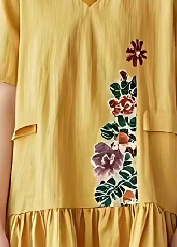 Art Yellow V Neck Print Cotton Tea Dresses Summer