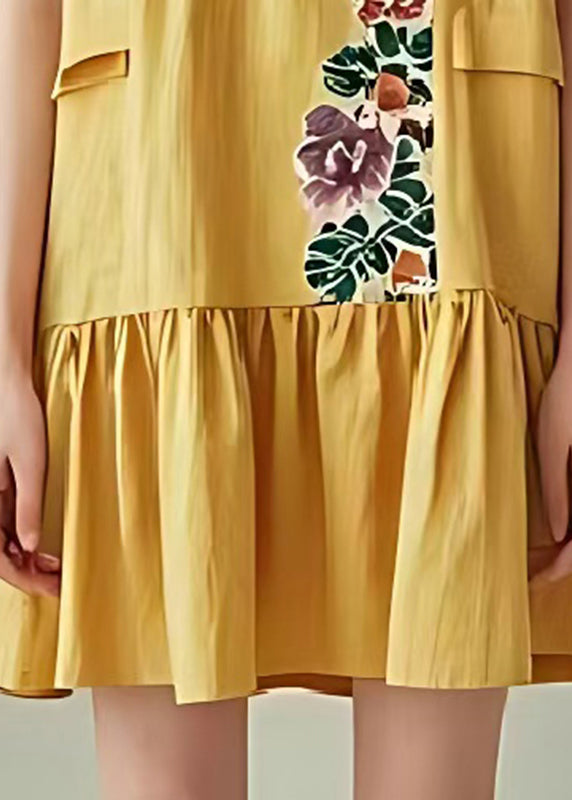 Art Yellow V Neck Print Cotton Tea Dresses Summer