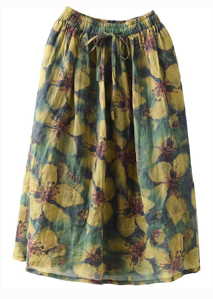 Art Yellow Wrinkled Pockets Patchwork Linen Skirts Summer