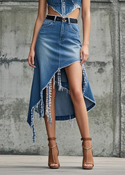 Asymmetrical Design Blue Denim Skirt Tasseled Spring