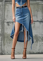 Asymmetrical Design Blue Denim Skirt Tasseled Spring