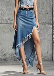 Asymmetrical Design Blue Tasseled Side Open Denim Skirts Spring