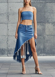 Asymmetrical Design Denim Blue Tasseled Skirts Summer