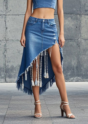 Asymmetrical Design Denim Blue Tasseled Skirts Summer