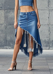 Asymmetrical Design Denim Blue Tasseled Skirts Summer