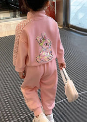 Autumn 2025 New Kids Girls Pink Sport Warm Fleece Two Piece Set