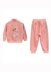 Autumn 2025 New Kids Girls Pink Sport Warm Fleece Two Piece Set