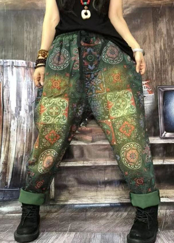 Autumn New Bohemian Green Print Denim Harlan Pants