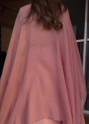 Autumn New Pink Pleated Long Sleeved Dress Shawl Set