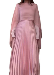 Autumn New Pink Pleated Long Sleeved Dress Shawl Set