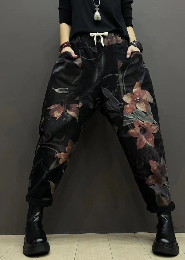 Autumn New Printed Denim Elastic Waist Harlan Pants