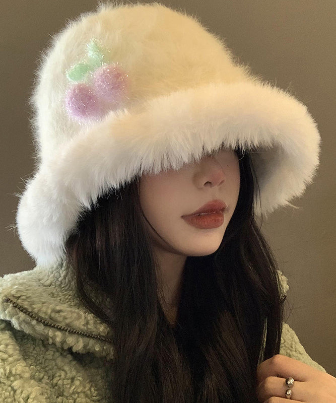 Autumn Spring Japanese Style Warm White Fuzzy Fur Fluffy Bucket Hat