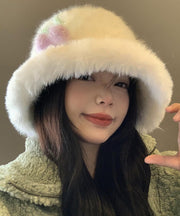 Autumn Spring Japanese Style Warm White Fuzzy Fur Fluffy Bucket Hat