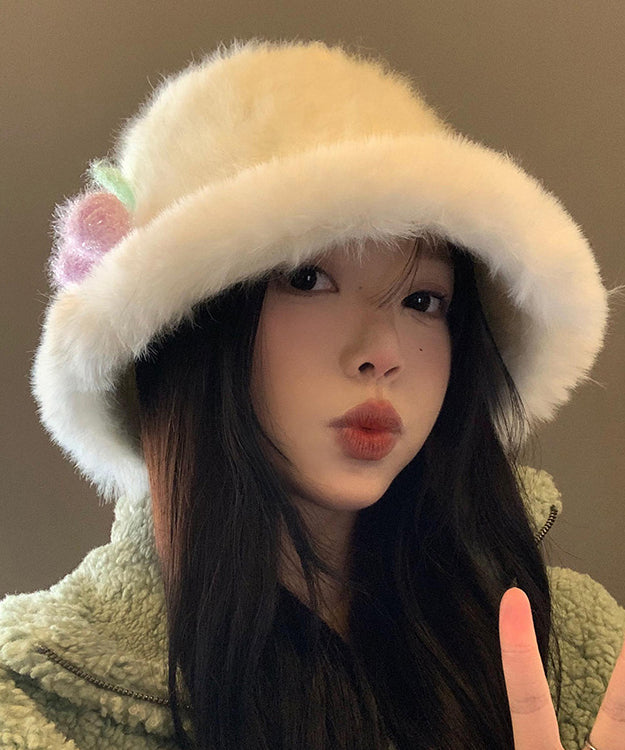 Autumn Spring Japanese Style Warm White Fuzzy Fur Fluffy Bucket Hat